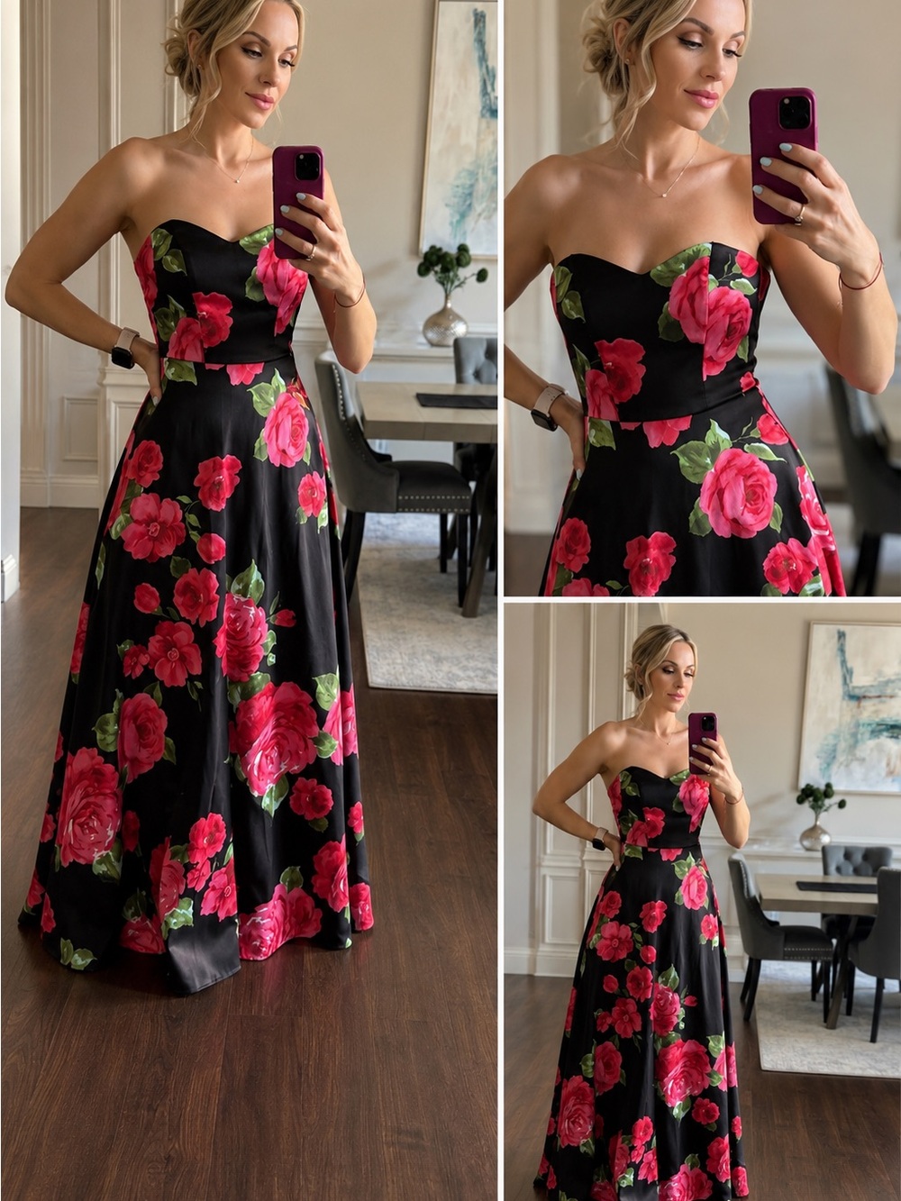 Wedding  Prom dress Strapless Black Floral Evening Gown with Pink Roses